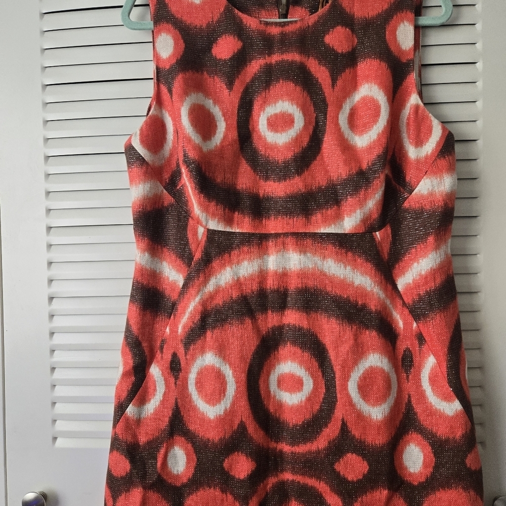 TORY BURCH Linen Shift Women Dress Coral Brown Metallic Geometric Size 12 #215 - Picture 6 of 9